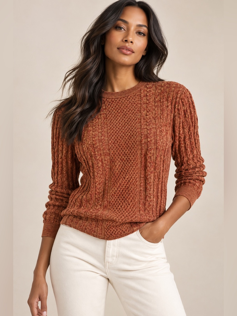 ZARA Knit 100% Cotton Italian Yarn Rust Burnt Orange Textured Sweater M